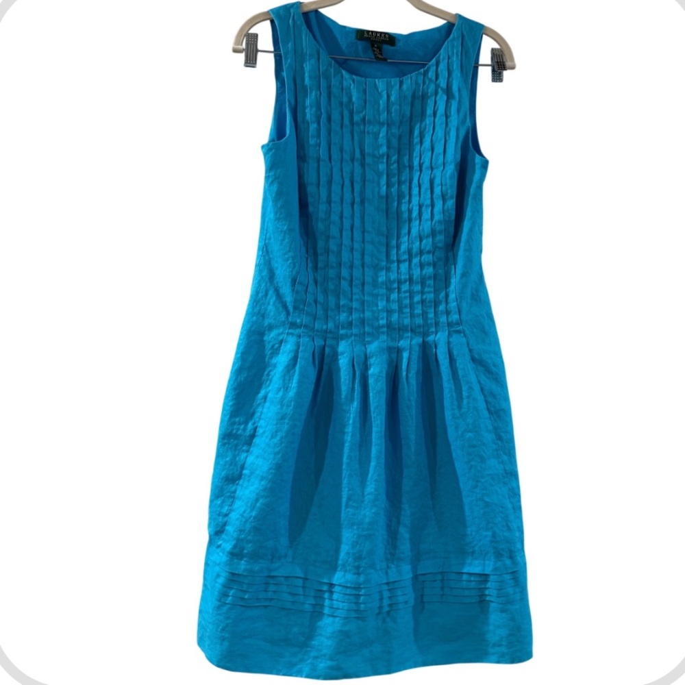 Lauren Ralph Lauren Turquoise Blue 100% Linen Pintuck Pleated Sleeveless Dress